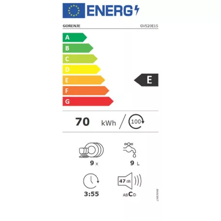 Gorenje GV520E15 programok száma: 5, keskeny beépíthető, 9 terítékes mosogatógép 