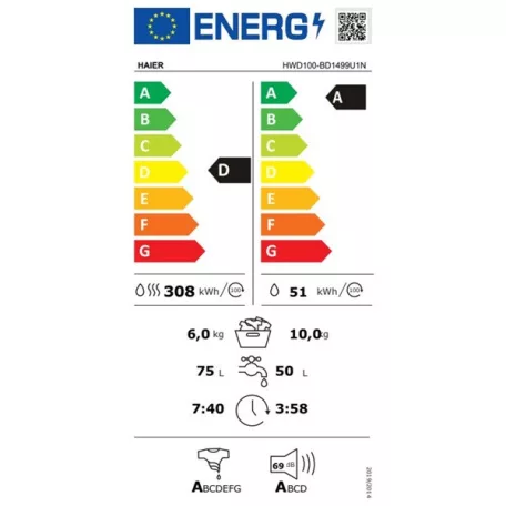 Haier HWD100BD1499UN/S fehér, elöltöltős, max.1400ford., 10 kg/6 kg, mosó-szárítógép