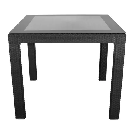 IRIS GF-820A ORIGINAL antracit műanyag kerti asztal rattan üveglappal 90x90cm