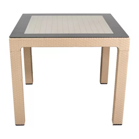 IRIS GF-820C ORIGINAL CAPPUCCINO műanyag kerti asztal rattan üveglappal 90x90cm