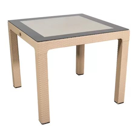 IRIS GF-820C ORIGINAL CAPPUCCINO műanyag kerti asztal rattan üveglappal 90x90cm