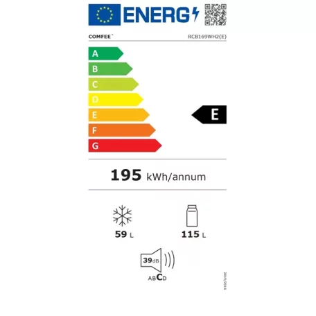 Comfee RCB169WH2(E) alulfagyasztós, Fehér, Hűtő:115L, Fagyasztó:59L, hűtőszekrény