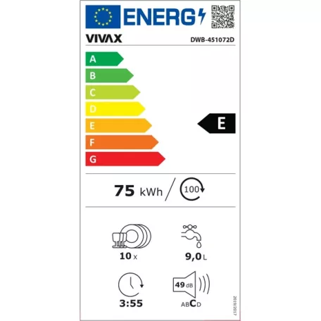 Vivax DWB-451072D programok száma: 7, beépíthető, 10 terítékes mosogatógép