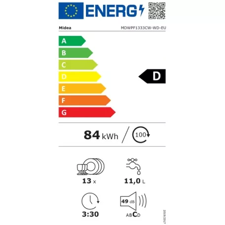 Midea MDWPF1333CW-WD-EU fehér programok száma: 8, szabadonálló, 13 terítékes mosogatógép